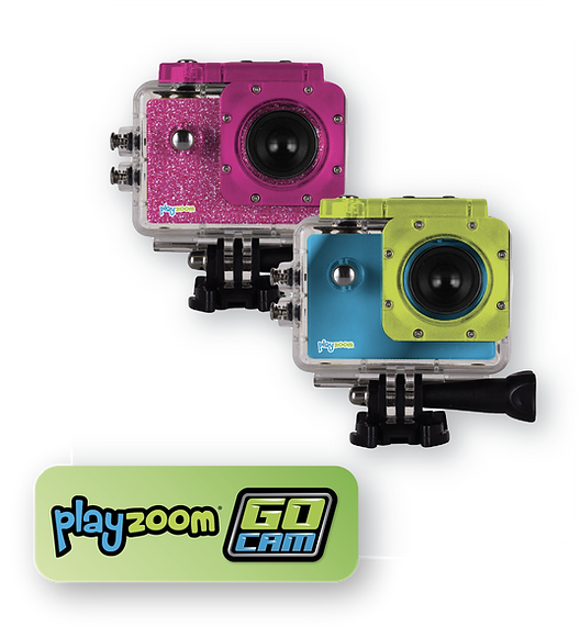 Playzoom GoCam Rugged Children Outdoor Action Cam with waterproof housing and mounting hardware
